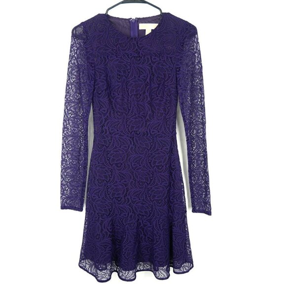 NWT Michael Kors Lace Long Sleeve Skater Dress Purple 2 - Picture 1 of 4